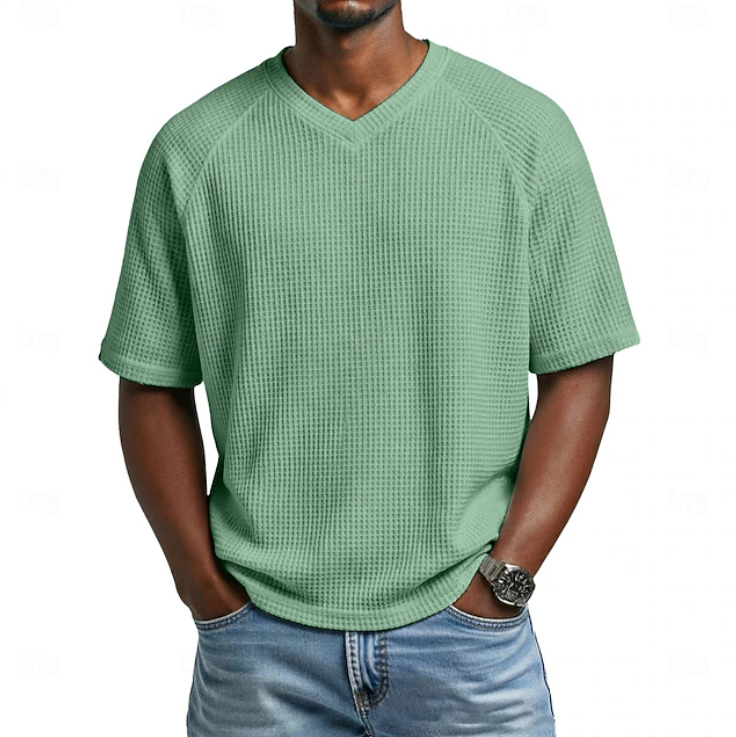 Men's Textured Waffle Knit V Neck Short Sleeve Casual T Shirt
