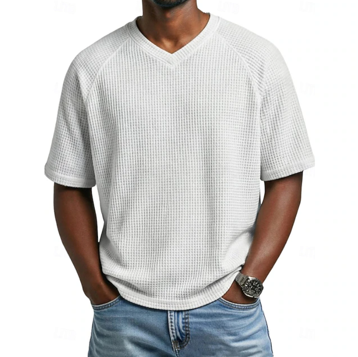 Men's Textured Waffle Knit V Neck Short Sleeve Casual T Shirt