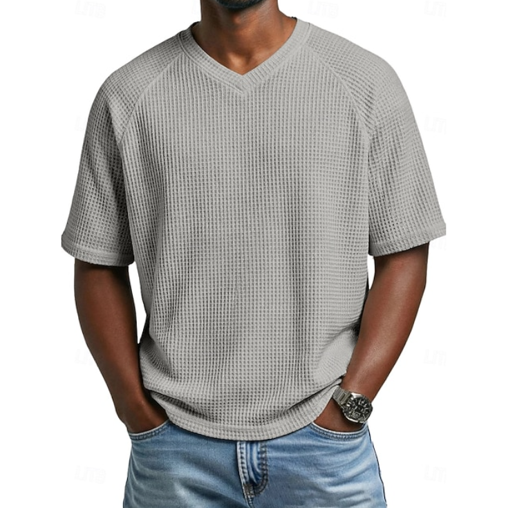 Men's Textured Waffle Knit V Neck Short Sleeve Casual T Shirt