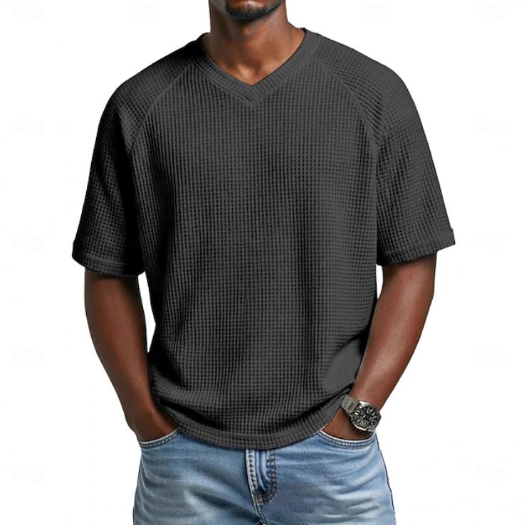 Men's Textured Waffle Knit V Neck Short Sleeve Casual T Shirt