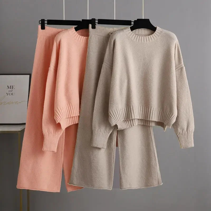 Women's Two-Piece Knit Sweater and Wide-Leg Trousers Set