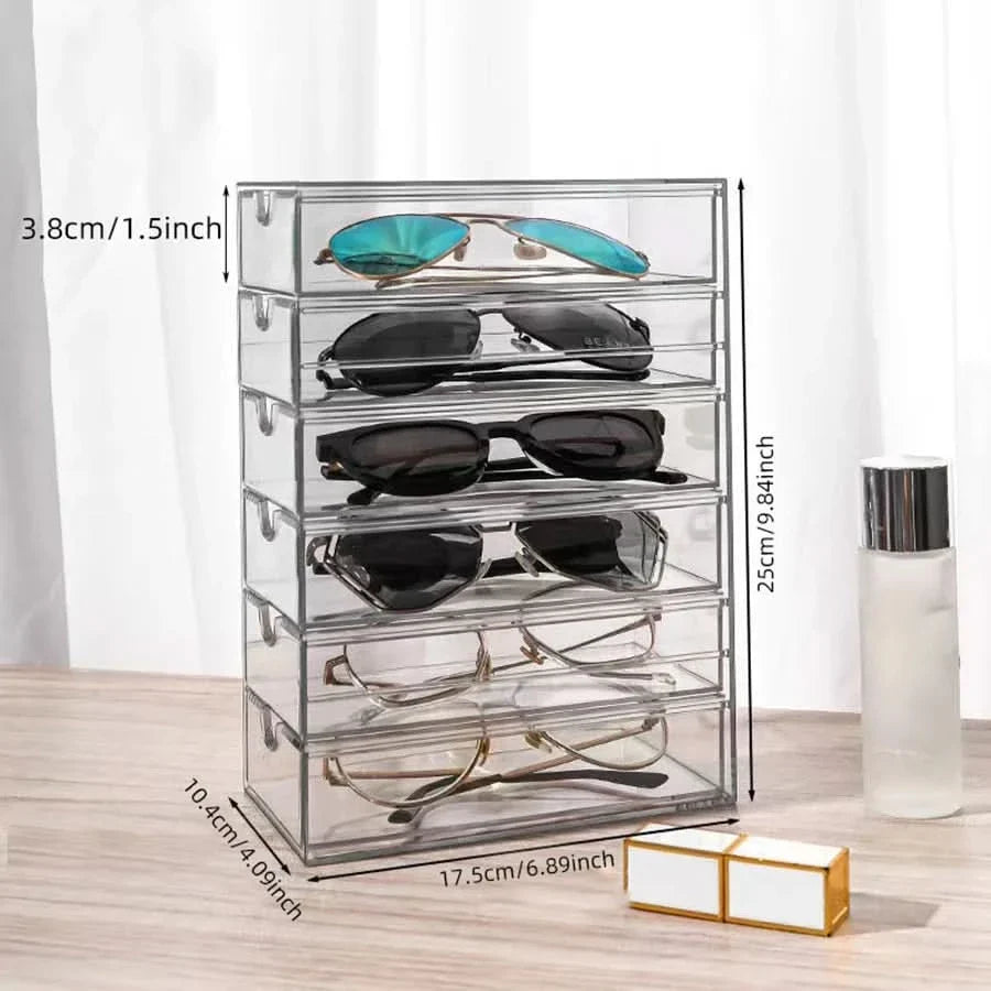 Organizer per occhiali da sole in acrilico trasparente con sei cassetti estraibili per riporre gli occhiali