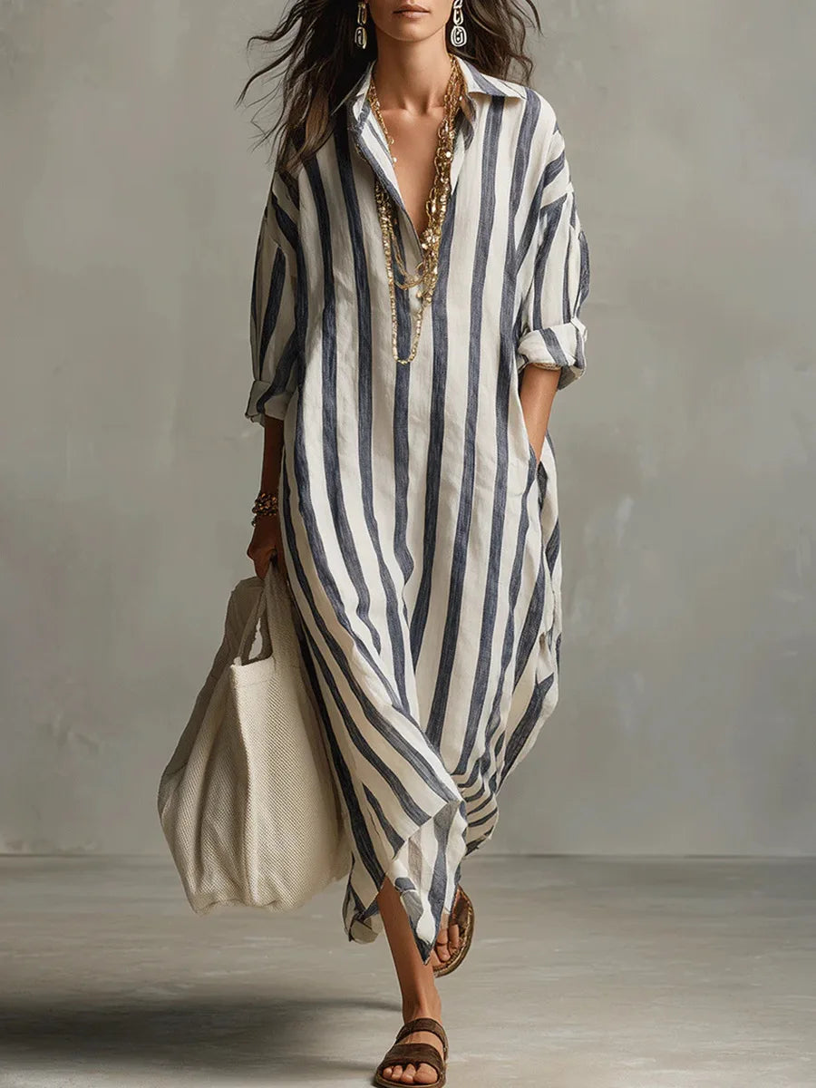 Robe-chemise maxi rayée à col pour femme