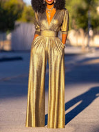 Women Wide Leg Jumpsuit with V-Neck and Elegant Flowing Fit