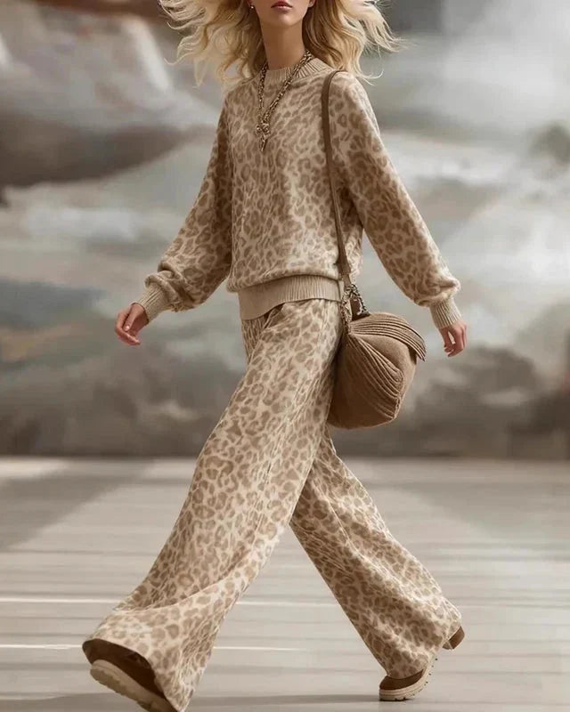 Women's Leopard Print Wide-Leg Pants Set