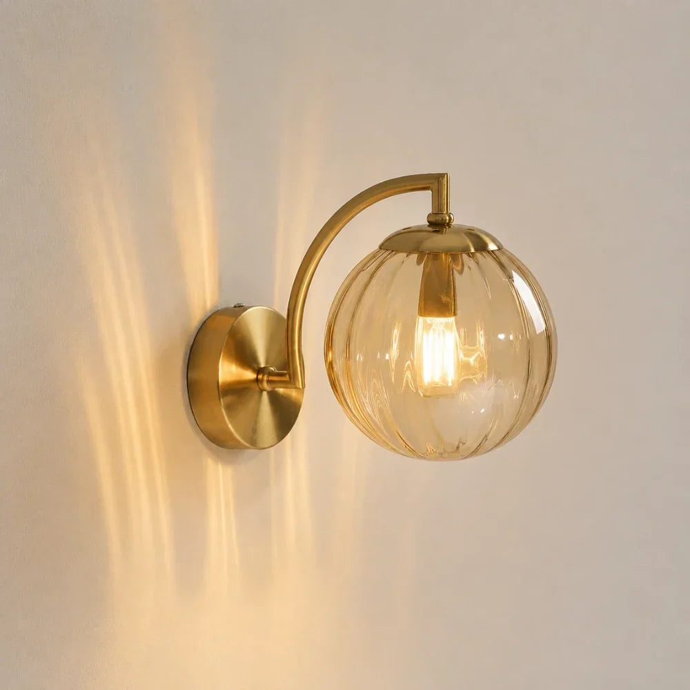 Ribbed Glass Globe Wall Light with Gold Arm