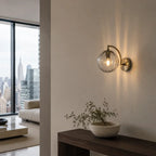 Ribbed Glass Globe Wall Light with Gold Arm