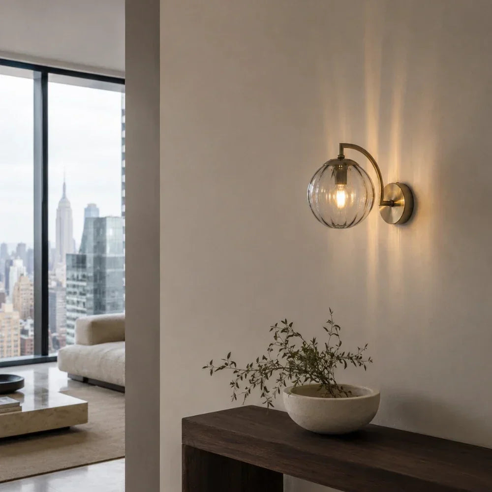 Ribbed Glass Globe Wall Light with Gold Arm