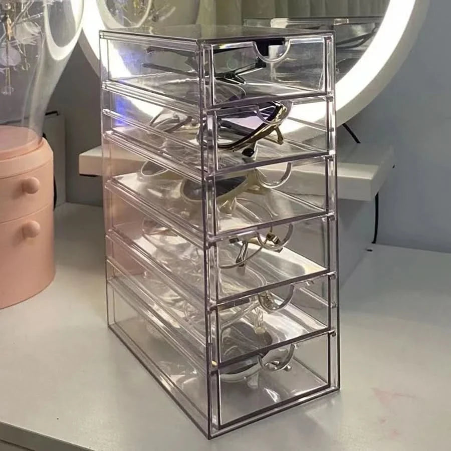 Organizer per occhiali da sole in acrilico trasparente con sei cassetti estraibili per riporre gli occhiali