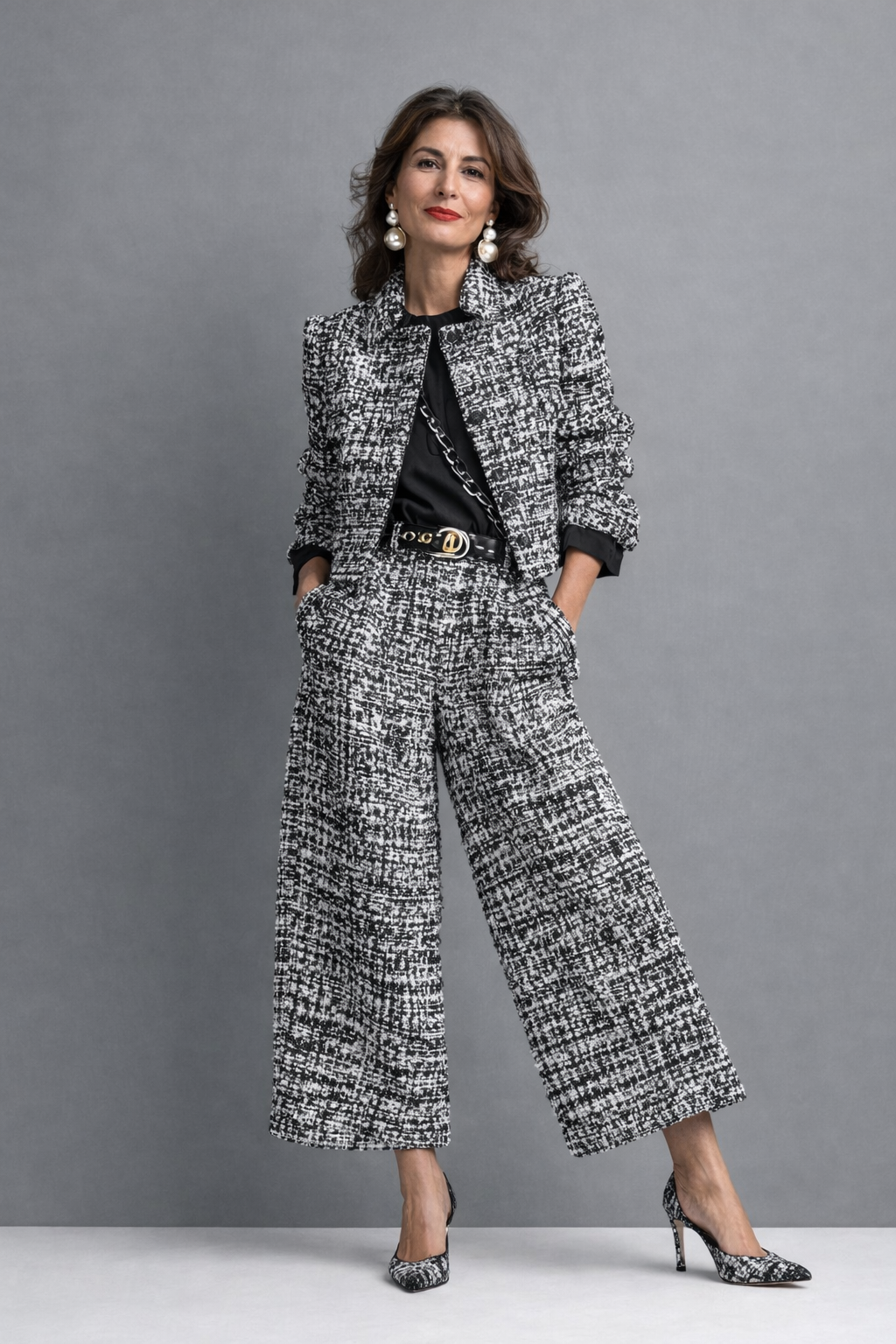 Women's Textured Cropped Jacket and Wide-Leg Pants Set