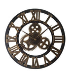Horloge murale industrielle à chiffres romains, avec mécanisme apparent et cadre décoratif en métal
