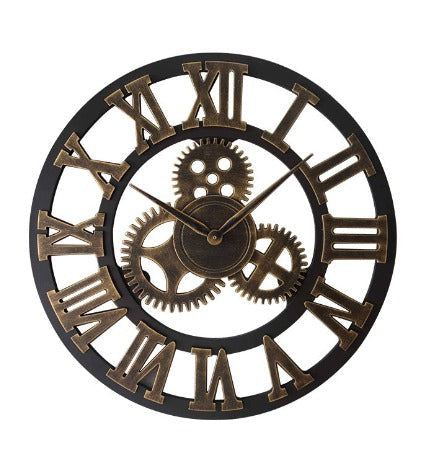 Horloge murale industrielle à chiffres romains, avec mécanisme apparent et cadre décoratif en métal