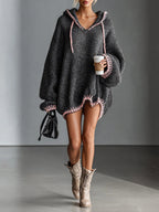 Women's Hooded Contrast-Trim Knit Mini Dress