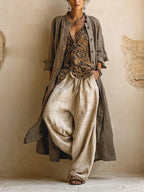 Women's Bohemian Layered Cardigan with Wide Leg Trousers Set