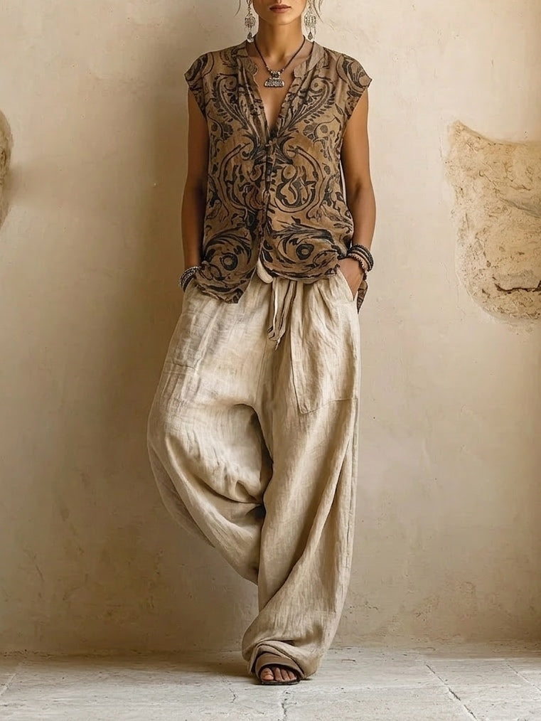 Women's Bohemian Layered Cardigan with Wide Leg Trousers Set