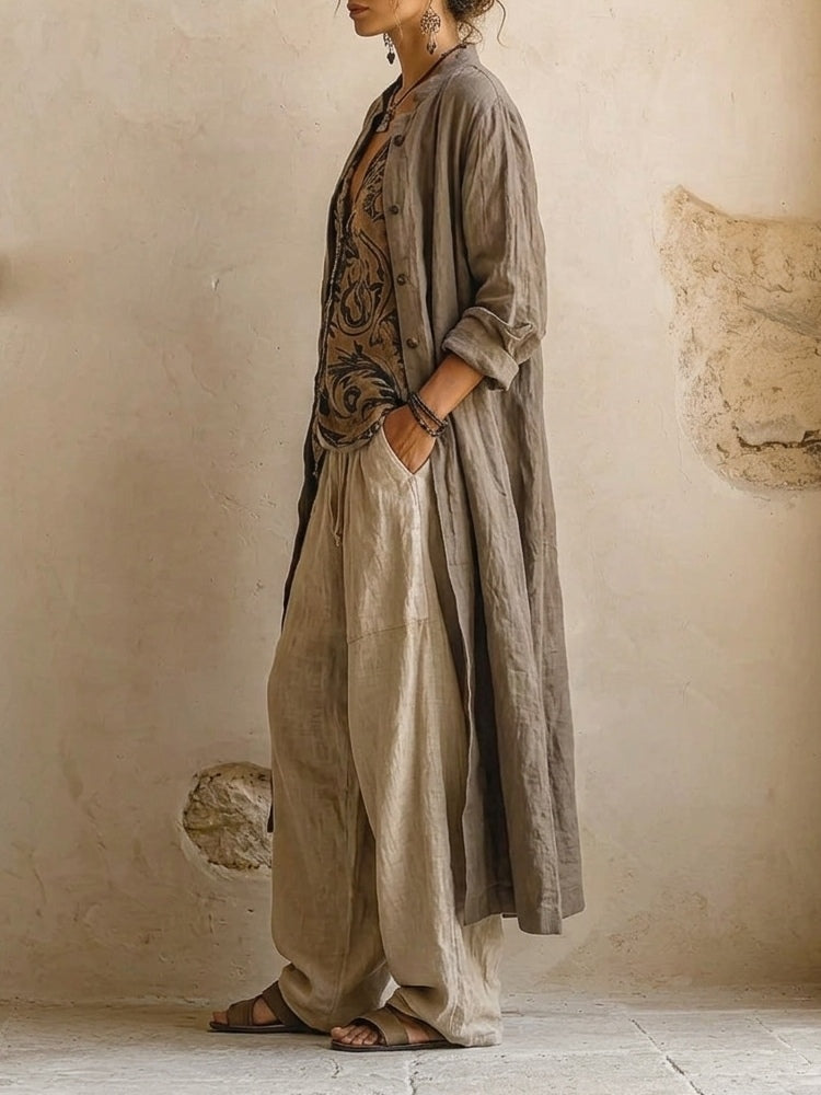 Women's Bohemian Layered Cardigan with Wide Leg Trousers Set