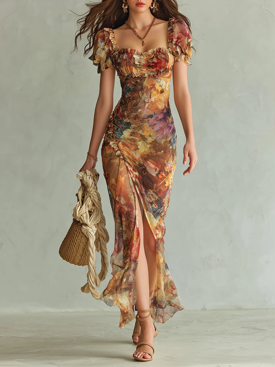 Women Elegant Chiffon Maxi Dress with Artistic Floral Print and Flowing Fit