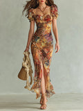 Women Elegant Chiffon Maxi Dress with Artistic Floral Print and Flowing Fit