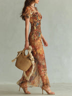Women Elegant Chiffon Maxi Dress with Artistic Floral Print and Flowing Fit