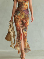 Women Elegant Chiffon Maxi Dress with Artistic Floral Print and Flowing Fit