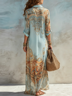Women's Printed Button Front Maxi Shirt Dress