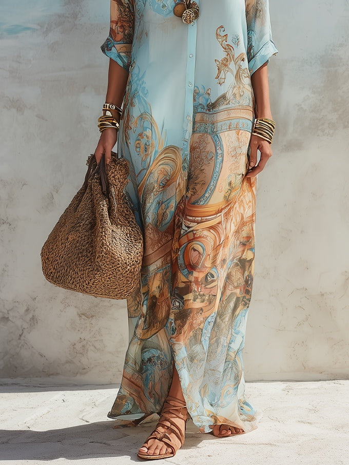 Women's Printed Button Front Maxi Shirt Dress