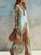 Women's Printed Button Front Maxi Shirt Dress