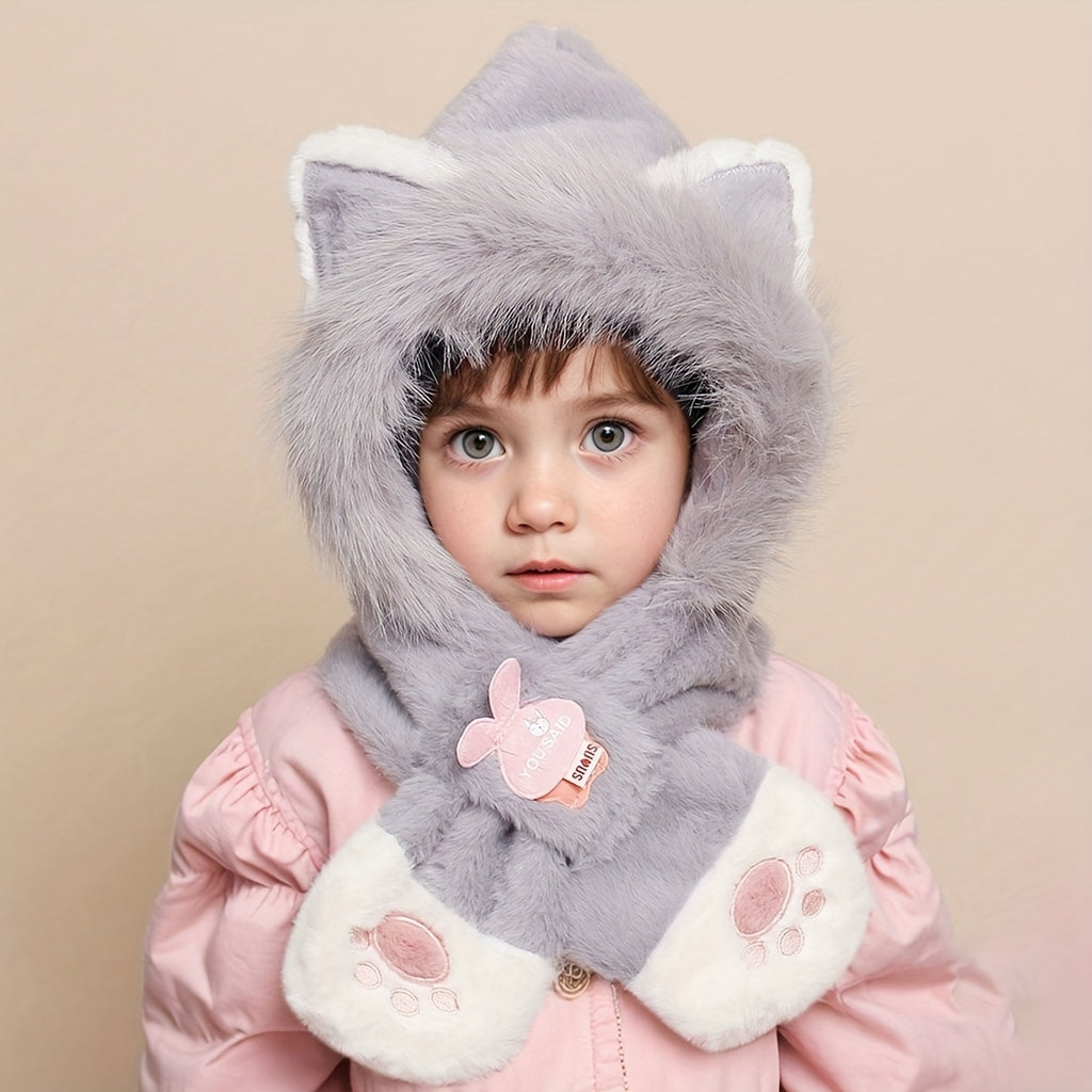 Bufanda infantil con capucha de pelo sintético y manoplas con forma de patas