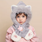 Bufanda infantil con capucha de pelo sintético y manoplas con forma de patas