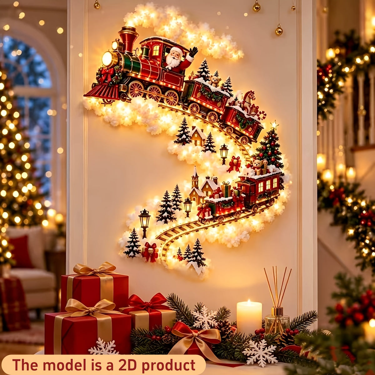 Beleuchtete Weihnachtszug-Wanddekoration mit dem Weihnachtsmann und festlicher Dorfszene