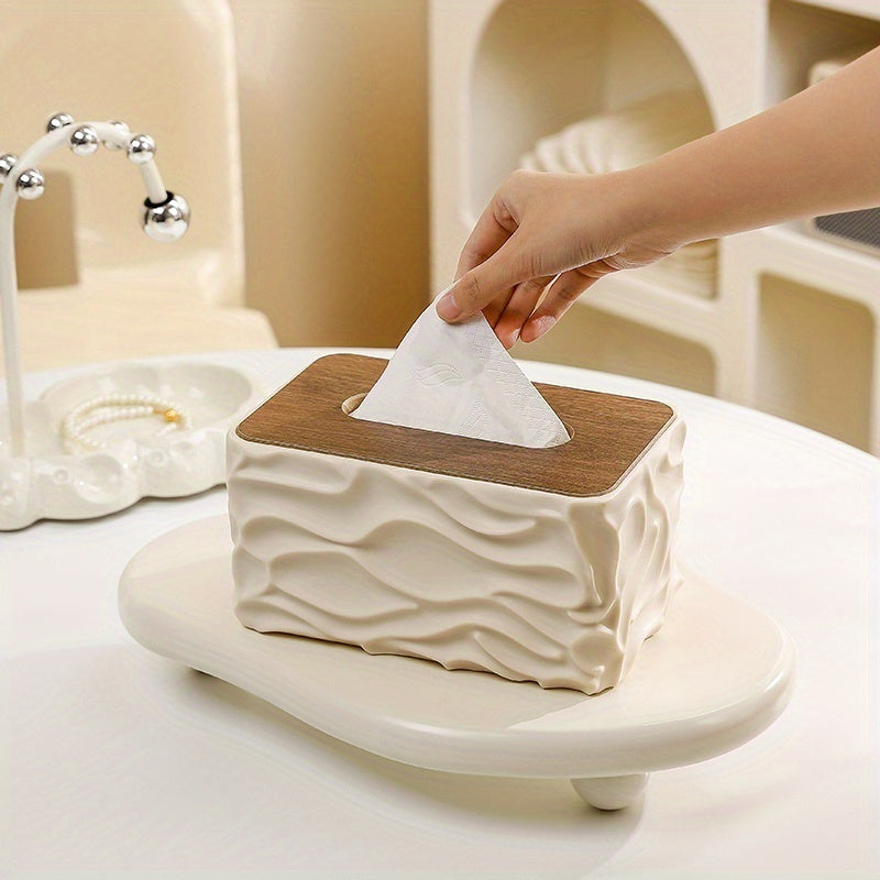 Textured Tissue Box Cover with Wood-Effect Top