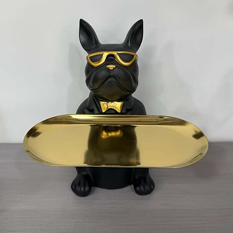 Figura de bulldog francés con bandeja para joyas y plato ovalado en tono dorado para decoración del hogar