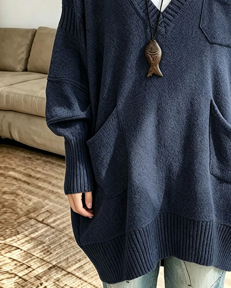 Oversized tröja med V-ringning och ficka för kvinnor