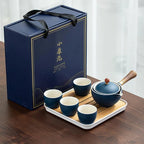 Juego de té Gongfu de porcelana con asa lateral de madera y tapa ajustada