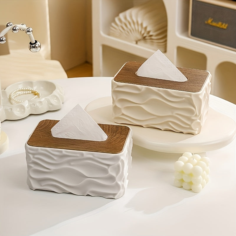 Textured Tissue Box Cover with Wood-Effect Top