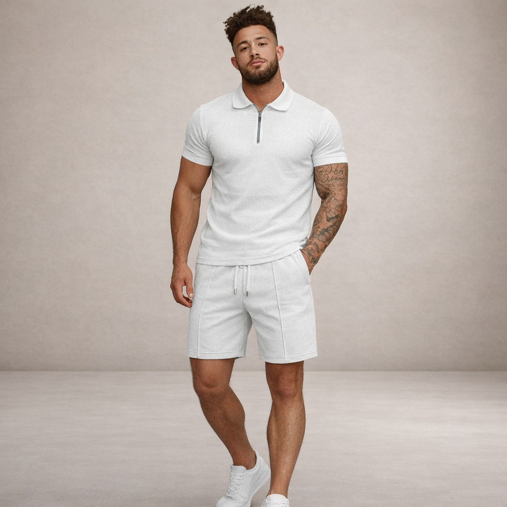 Herren-Set aus strukturiertem Polo und Shorts mit Halb-Reißverschluss-Design