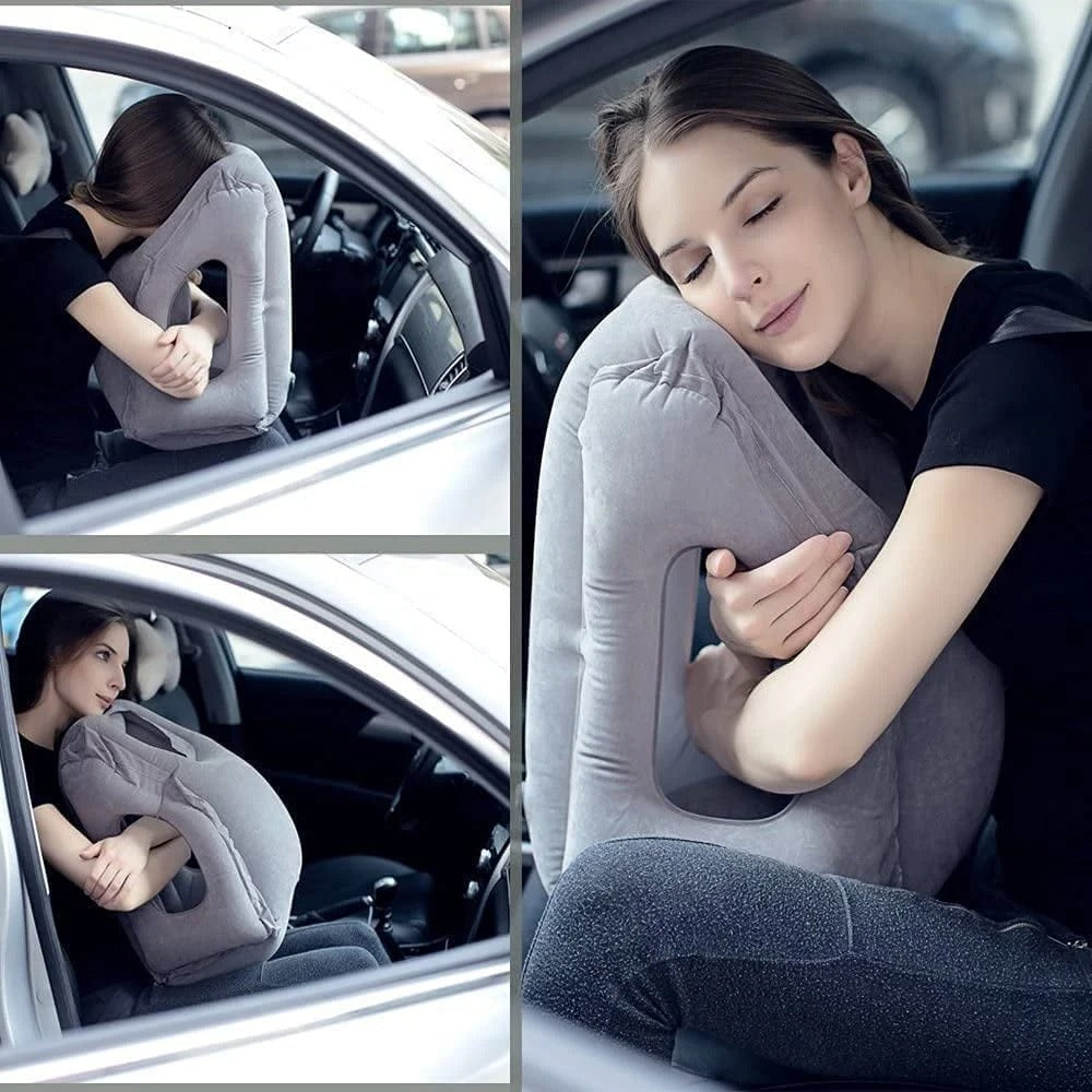 Almohada de viaje inflable inclinada hacia delante