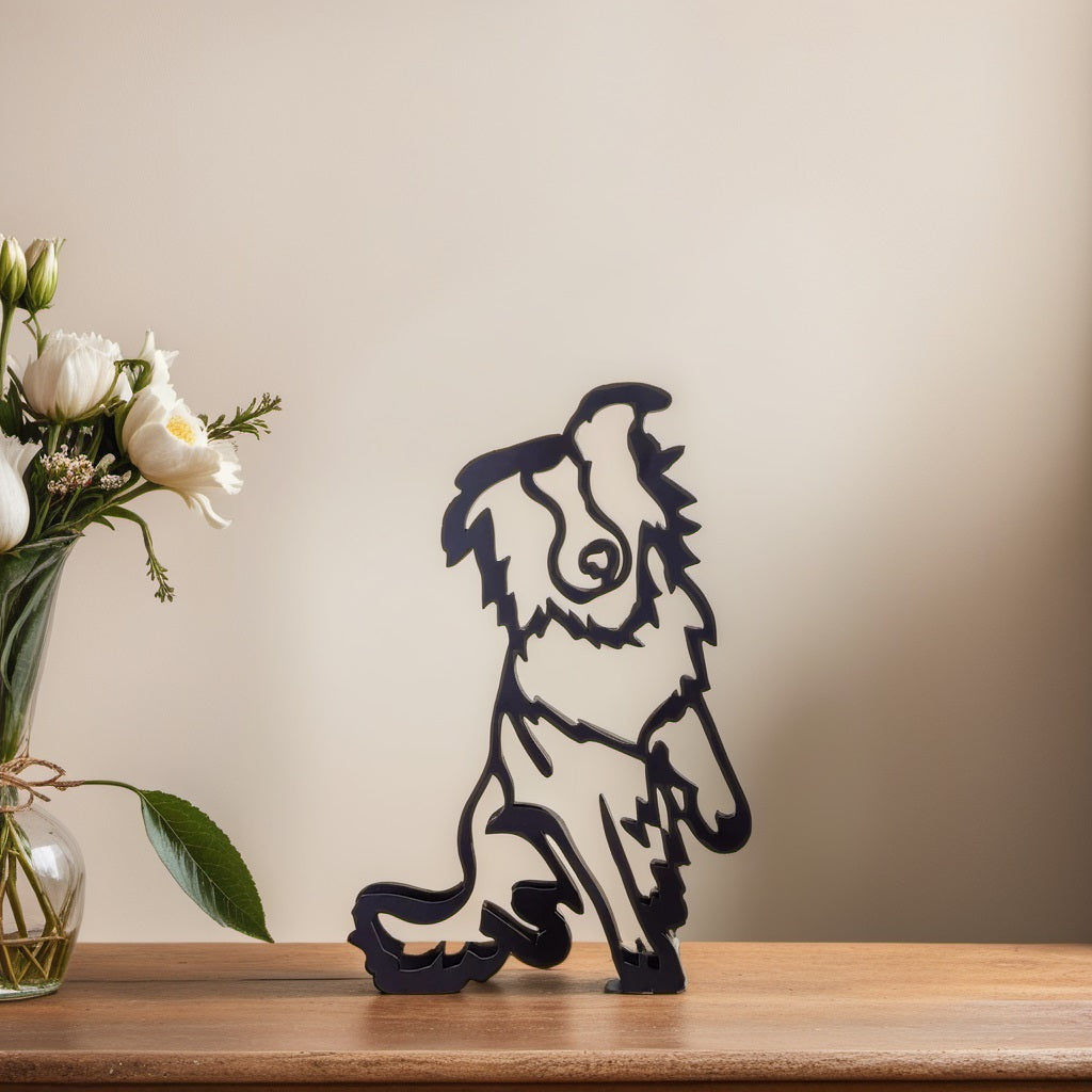 Minimalistisk metalskulptur med corgi-silhuet til moderne boligindretning