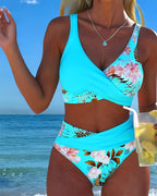 Conjunto de bikini cruzado con estampado floral para mujer y braguita de talle alto con soporte