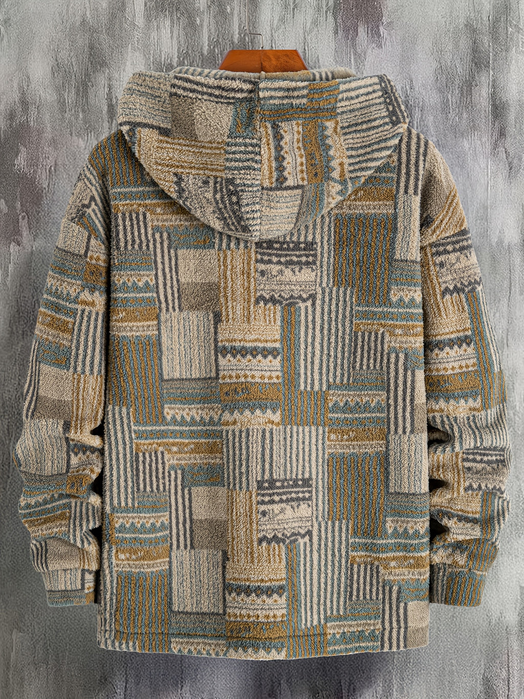 Men’s Geometric Pattern Hooded Pullover with Half Zip