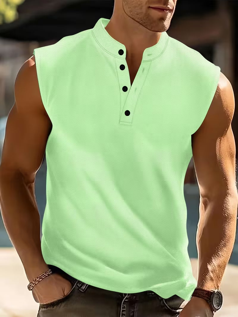 Men's Sleeveless Henley Tank Top with Stand Collar