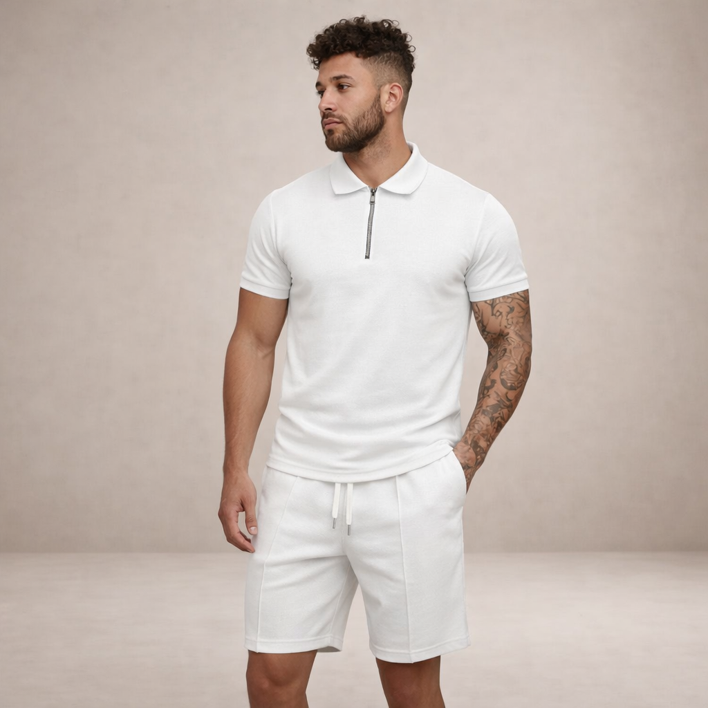 Herren-Set aus strukturiertem Polo und Shorts mit Halb-Reißverschluss-Design