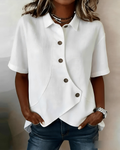 Dame asymmetrisk afslappet bluse med knapper foran og krave  