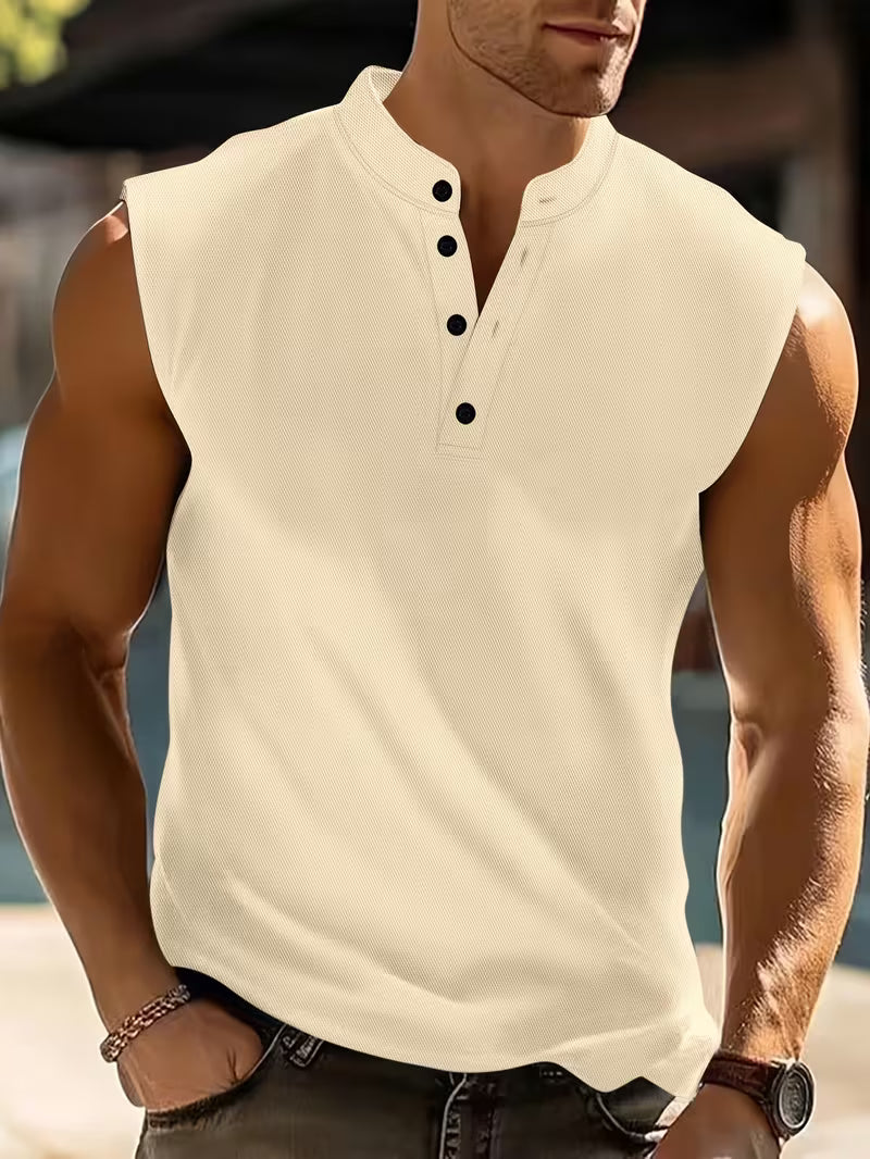 Men's Sleeveless Henley Tank Top with Stand Collar