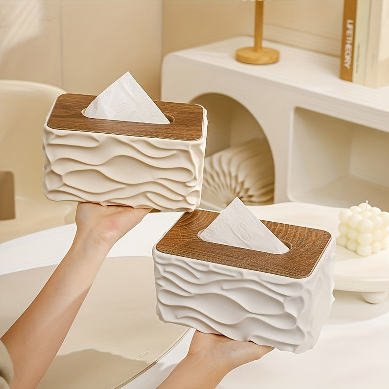 Textured Tissue Box Cover with Wood-Effect Top
