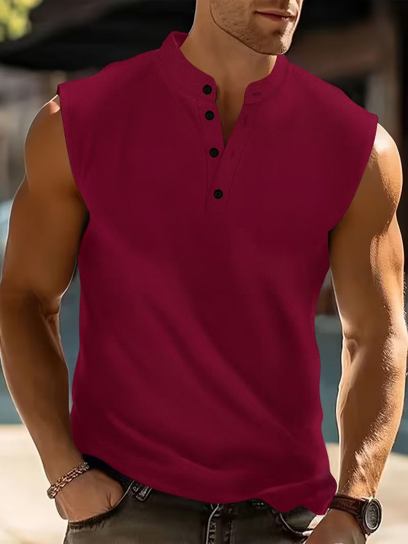 Men's Sleeveless Henley Tank Top with Stand Collar
