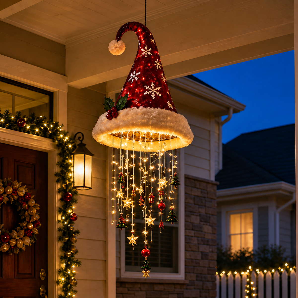 Festliche Weihnachtsbeleuchtung zum Aufhängen in Form einer Weihnachtsmannmütze mit Stern- und Baumornamenten