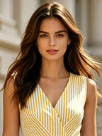 Women's Striped Midi Dress with V-Neck and A-Line Silhouette