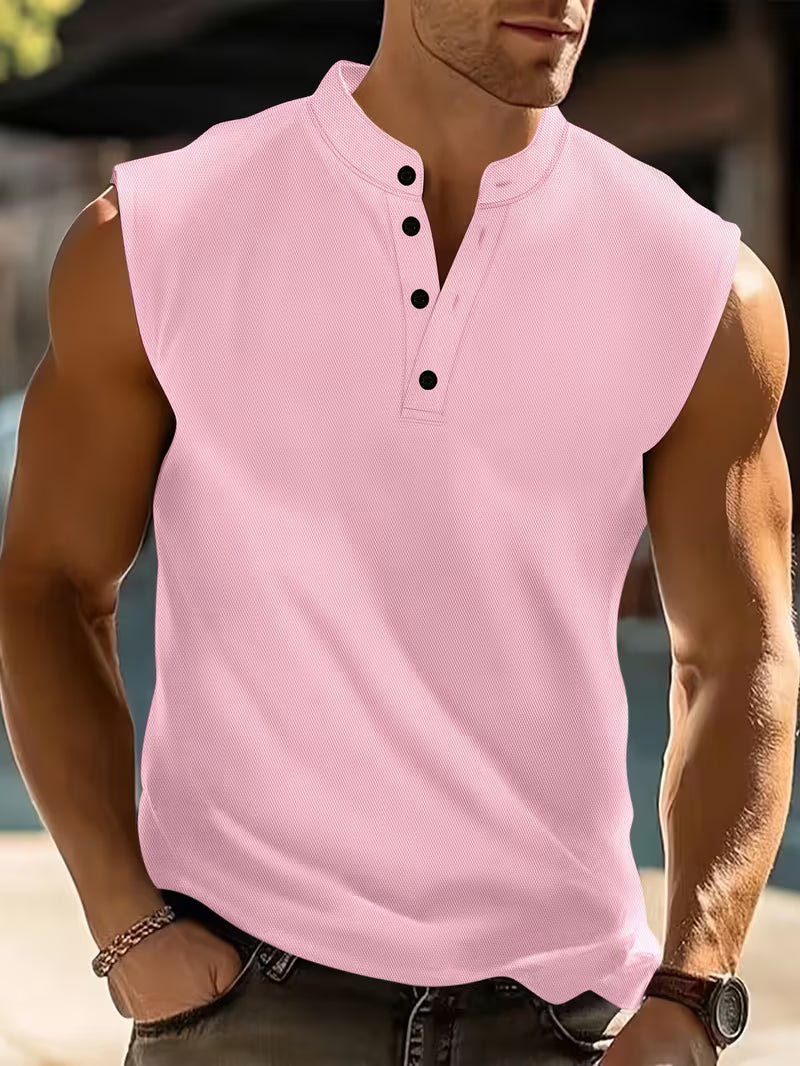 Men's Sleeveless Henley Tank Top with Stand Collar