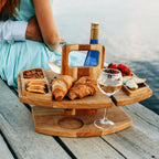 Table à vin portable en bambou avec porte-verres et porte-encas